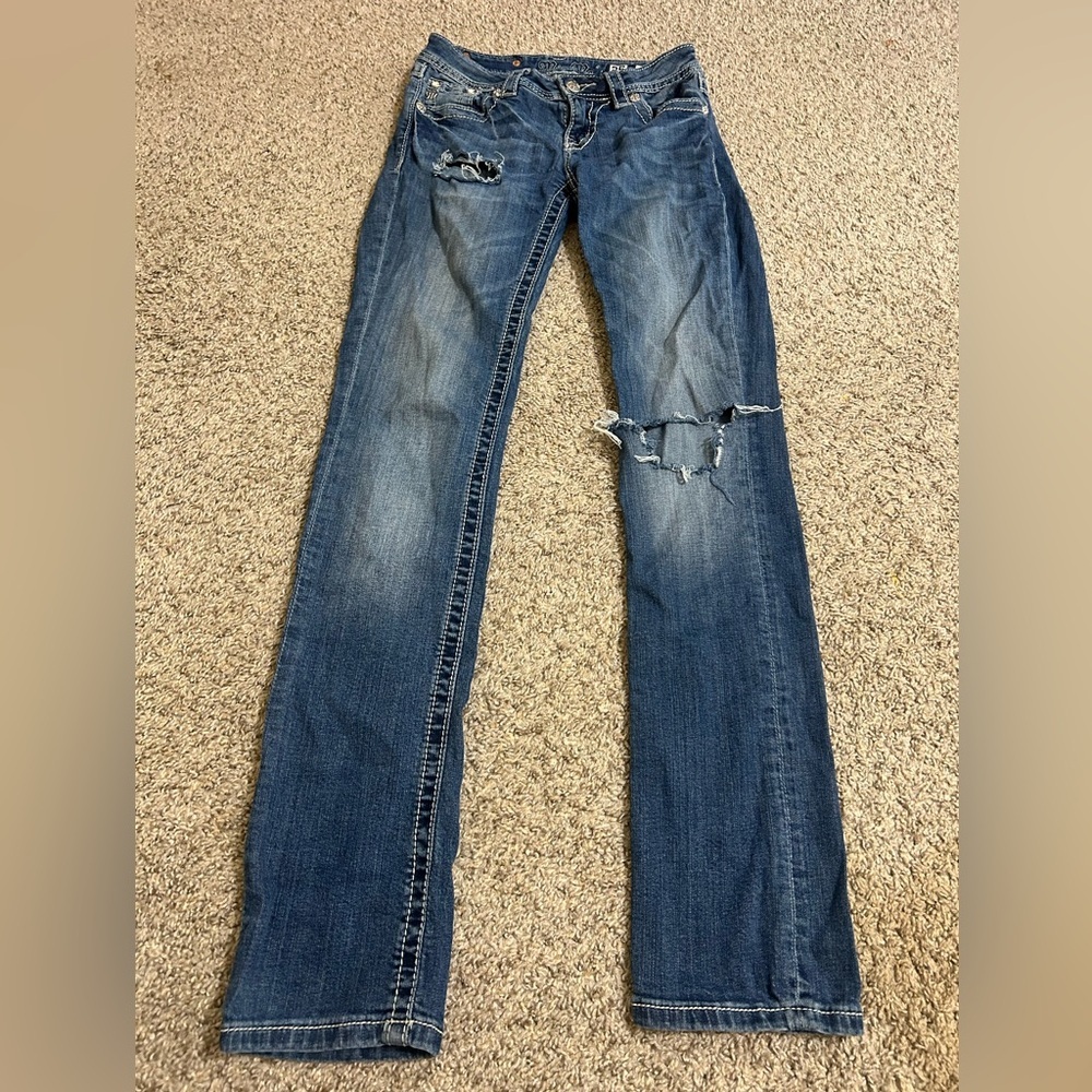 Miss Me Blue Relaxed Straight Denim Jeans Distressed Bling Gems Women's Size 25